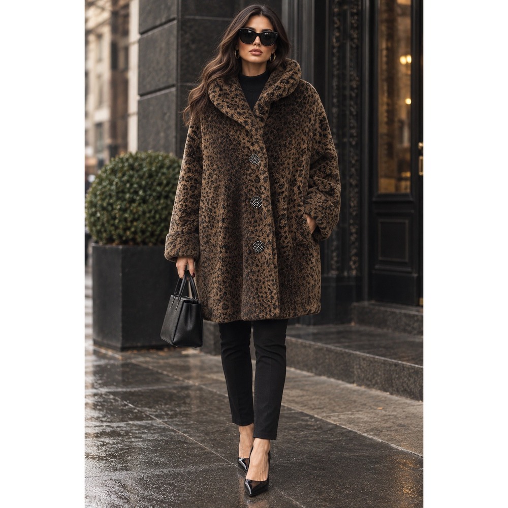 SOTA Faux Fur Leopard Print Coat Rhinestone Button  M Brown Luxe Glam mob wife